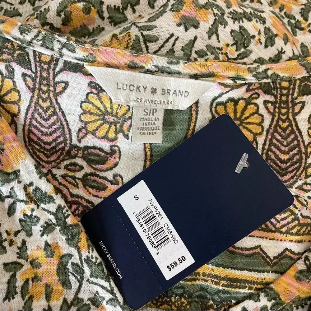 NWT Lucky Brand Tie Front Ditsy Floral Top Small Yellow Green Cottagecore Spring
